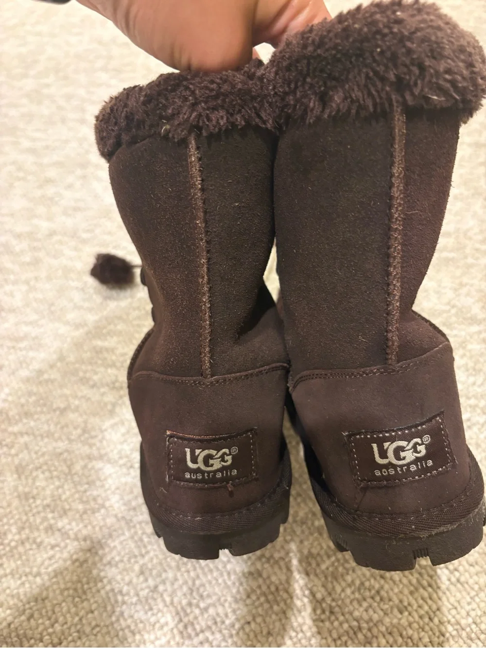 UGG Kid’s Brown Lace-Up Faux-Fur Pom Pom Winter Boots